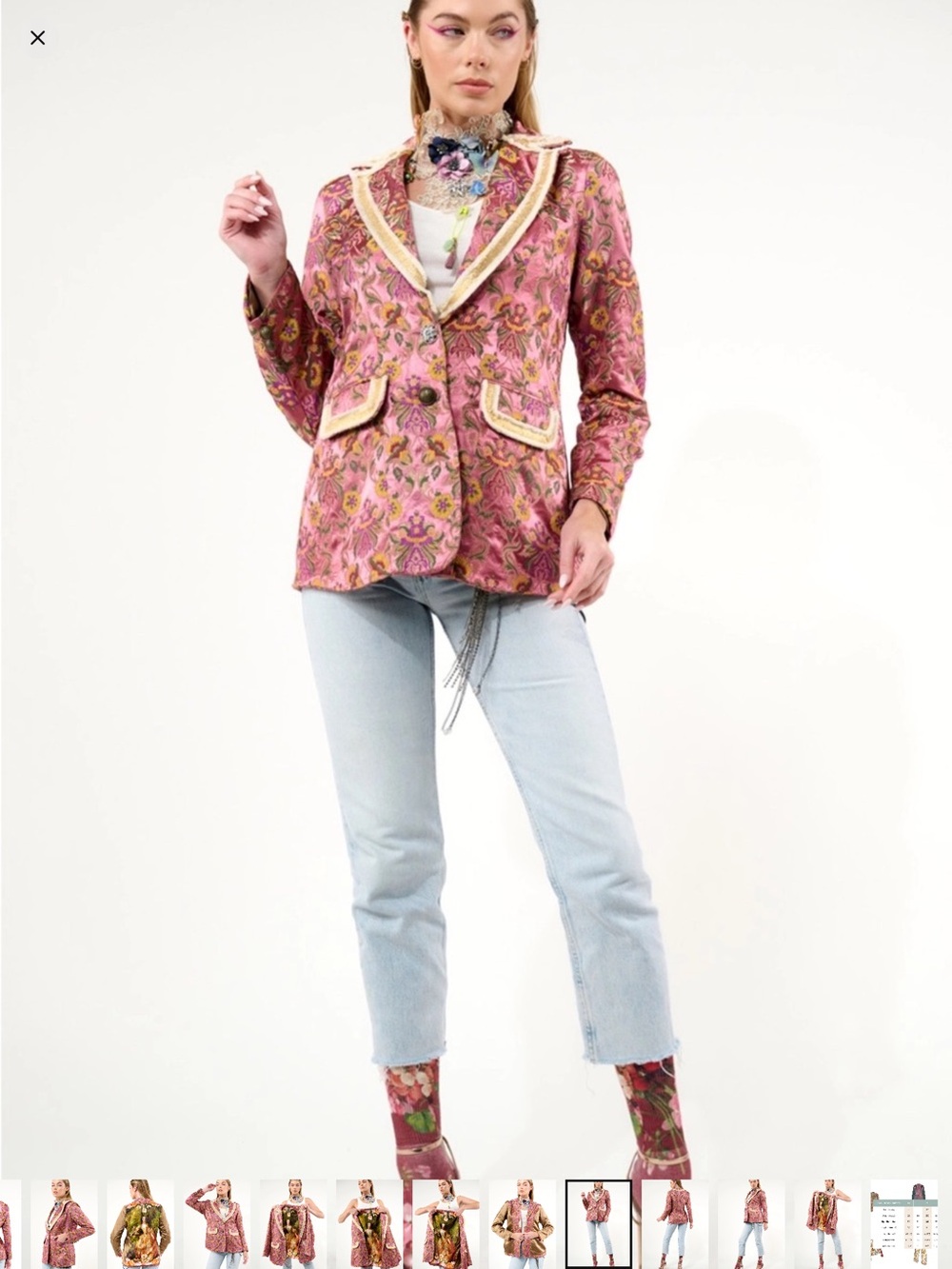ARATTA Pink Floral Jacquard Blazer with Contrast Trim - Women's Jacket